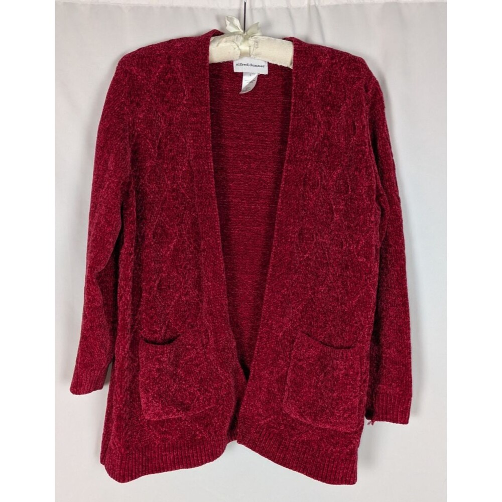 Alfred Dunner L Red Cable Knit Chenille Cardigan Sweater Cozy Pocket Cozycore
